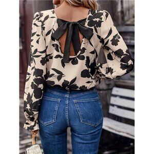 Bow Back Printed Round Neck Flounce Sleeve Blouse